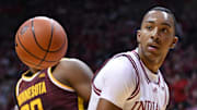 Indiana forward Bryson Tucker (8) reacts after scoring during the first half against Minnesota. 