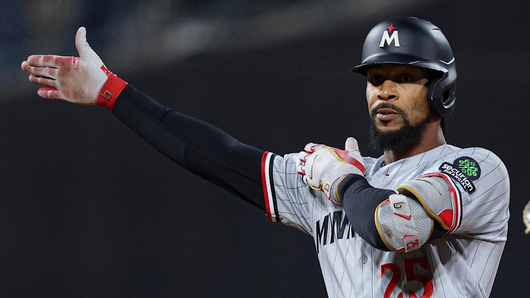 Apr 23, 2026; New York City, New York, USA;  Minnesota Twins center fielder Byron Buxton (25) reacts after hitting a double during the ninth inning against the New York Mets at Citi Field. Mandatory Credit: Vincent Carchietta-Imagn Images