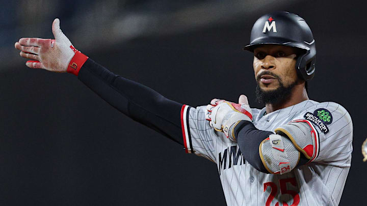 Apr 23, 2026; New York City, New York, USA;  Minnesota Twins center fielder Byron Buxton (25) reacts after hitting a double during the ninth inning against the New York Mets at Citi Field. Mandatory Credit: Vincent Carchietta-Imagn Images