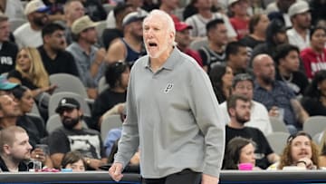 San Antonio Spurs head coach Gregg Popovich yells at an official during the second half against the Houston Rockets.