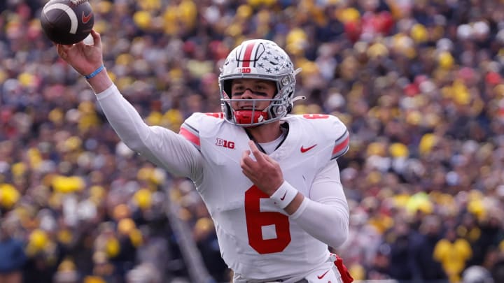 Nov 25, 2023; Ann Arbor, Michigan, USA;  Ohio State Buckeyes quarterback Kyle McCord (6) passes against the Michigan Wolverines at Michigan Stadium. Mandatory Credit: Rick Osentoski-USA TODAY Sports