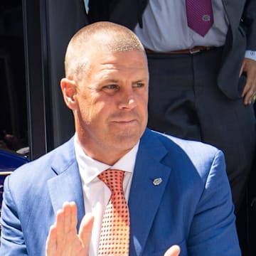 Florida Gators head coach Billy Napier exits the bus during Gator Walk for the season opener at Ben Hill Griffin Stadium in Gainesville, FL on Saturday, August 31, 2024 against the University of Miami Hurricanes. [Doug Engle/Gainesville Sun]