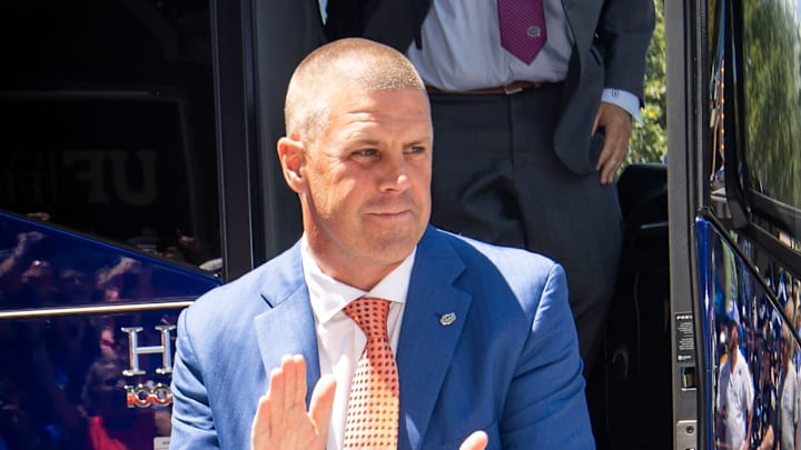 Florida Gators head coach Billy Napier exits the bus during Gator Walk for the season opener at Ben Hill Griffin Stadium in Gainesville, FL on Saturday, August 31, 2024 against the University of Miami Hurricanes. [Doug Engle/Gainesville Sun]