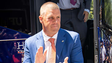 Florida Gators head coach Billy Napier exits the bus during Gator Walk for the season opener at Ben Hill Griffin Stadium in Gainesville, FL on Saturday, August 31, 2024 against the University of Miami Hurricanes. [Doug Engle/Gainesville Sun]