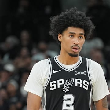 Oct 27, 2025; San Antonio, Texas, USA;  San Antonio Spurs guard Dylan Harper (2) walks up the court in the second half against the Toronto Raptors at Frost Bank Center. Mandatory Credit: Daniel Dunn-Imagn Images