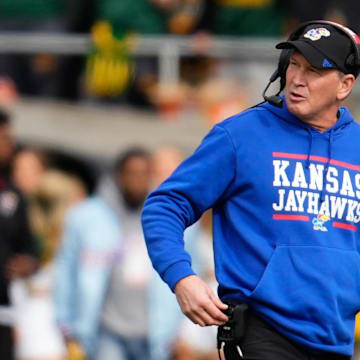 Nov 30, 2024; Waco, Texas, USA;  Kansas Jayhawks head coach Lance Leipold reacts during the first half against the Baylor Bears at McLane Stadium. Mandatory Credit: Chris Jones-Imagn Images