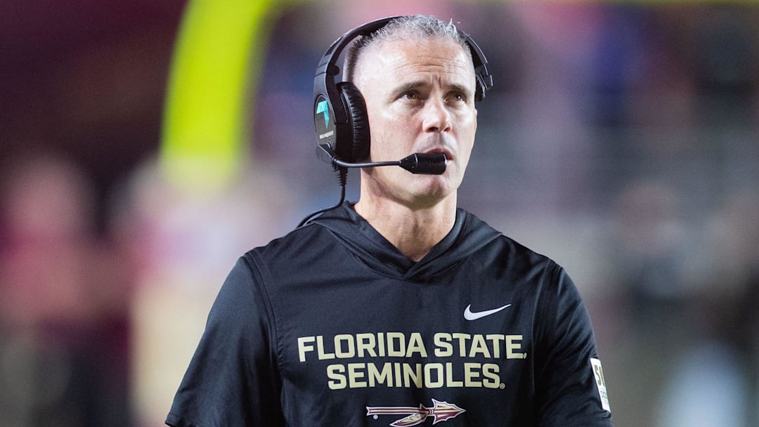 Florida State Seminoles head coach Mike Norvell walks down the field. The Miami Hurricanes lead the Florida State Seminoles 14-3 at the half on Saturday, Oct. 4, 2025.