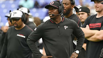 Aug 17, 2024; Baltimore, Maryland, USA;  Atlanta Falcons head coach Raheem Morris walks the sidelines during the first half against the Baltimore Ravens at M&T Bank Stadium. Mandatory Credit: Tommy Gilligan-Imagn Images