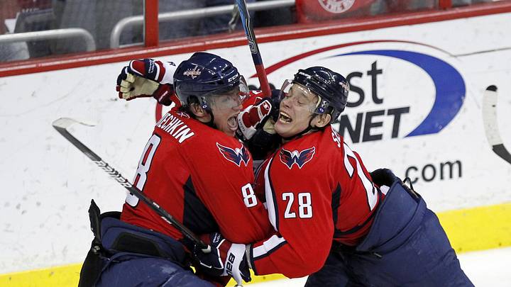 April 13, 2011; Washington, DC, USA; Washington Capitals left wing Alex Ovechkin (8) celebrates with Capitals left wing Alexander Semin (28) after scoring a goal against the New York Rangers in the third period in game one of the first round of the Stanley Cup Playoffs at Verizon Center. Mandatory Credit: Geoff Burke-Imagn Images