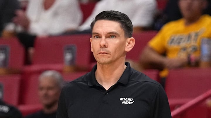 Mar 26, 2022; Miami, Florida, USA; Miami Heat acting head coach Chris Quinn watches during the first half against the Brooklyn Nets at FTX Arena. Mandatory Credit: Jasen Vinlove-Imagn Images