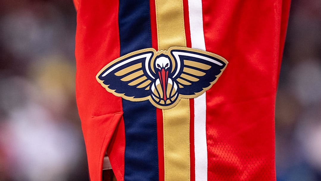 Oct 23, 2024; New Orleans, Louisiana, USA;  Detailed view of the New Orleans Pelicans logo during the game against the Chicago Bulls during the second half at Smoothie King Center. Mandatory Credit: Stephen Lew-Imagn Images