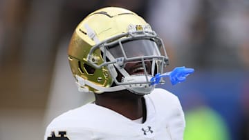 Notre Dame Fighting Irish running back Jeremiyah Love (4) reacts after scoring a touchdown during the first half against the Pittsburgh Panthers at Acrisure Stadium in Pittsburgh, PA on November 15, 2025.