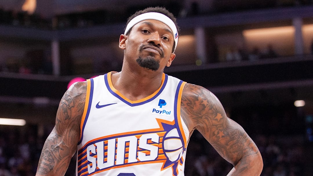 Apr 12, 2024; Sacramento, California, USA; Phoenix Suns guard Bradley Beal (3) reacts to a play during the fourth quarter against the Sacramento Kings at Golden 1 Center. Mandatory Credit: Ed Szczepanski-Imagn Images