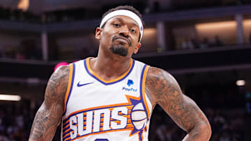 Apr 12, 2024; Sacramento, California, USA; Phoenix Suns guard Bradley Beal (3) reacts to a play during the fourth quarter against the Sacramento Kings at Golden 1 Center. Mandatory Credit: Ed Szczepanski-Imagn Images