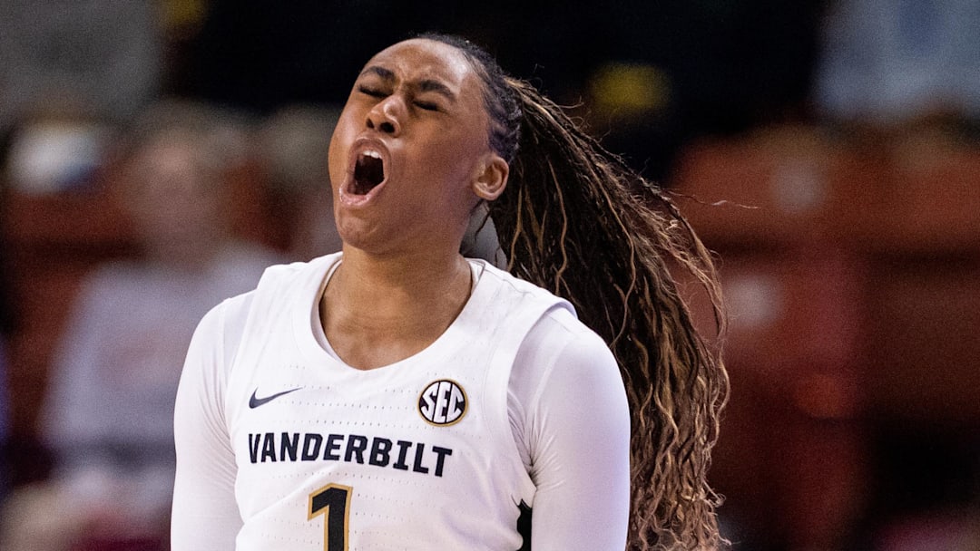 Mar 6, 2025; Greenville, SC, USA; Vanderbilt Commodores guard Mikayla Blakes (1) celebrates against the Tennessee Lady Vols during the first half at Bon Secours Wellness Arena. Mandatory Credit: Scott Kinser-Imagn Images Mar 6, 2025; Greenville, SC, USA; Vanderbilt Commodores guard Mikayla Blakes (1) celebrates against the Tennessee Lady Vols during the first half at Bon Secours Wellness Arena. Mandatory Credit: Scott Kinser-Imagn Images