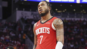 Houston Rockets forward Cam Whitmore (7) reacts after a play during the second quarter against the Toronto Raptors at Toyota Center.