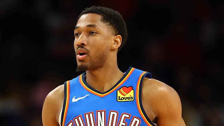 Oklahoma City Thunder guard Aaron Wiggins (21) against the Phoenix Suns during game four of the first round of the 2026 NBA Playoffs at Mortgage Matchup Center on April 27, 2026.
