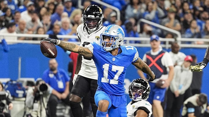 Nov 17, 2024; Detroit, MI, USA; Detroit Lions wide receiver Tim Patrick (17) celebrates a first down against Jacksonville Jaguars during the second half at Ford Field in Detroit on Sunday, Nov. 17, 2024. Mandatory Credit: Junfu Han/USA TODAY Network via Imagn Images 