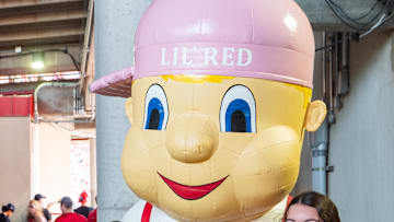 Fans take a photo with ‘Lil Red during the first quarter between the Nebraska Cornhuskers