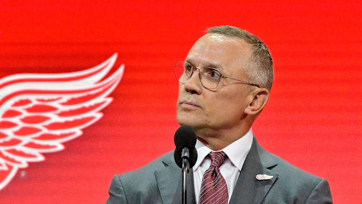 Jul 7, 2022; Montreal, Quebec, CANADA; Detroit Red Wings general manager Steve Yzerman announces Marco Kasper (not pictured) as the number eight overall pick to the Detroit Red Wings in the first round of the 2022 NHL Draft at Bell Centre. Mandatory Credit: Eric Bolte-Imagn Images