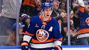 Nov 27, 2024; Elmont, New York, USA;  New York Islanders center Brock Nelson (29) celebrates his goal against the Boston Bruins during the second period at UBS Arena. Mandatory Credit: Dennis Schneidler-Imagn Images