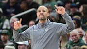 Nov 29, 2025; Milwaukee, Wisconsin, USA;  Brooklyn Nets head coach Jordi Fernandez calls a play in the fourth quarter against the Milwaukee Bucks at Fiserv Forum. Mandatory Credit: Benny Sieu-Imagn Images