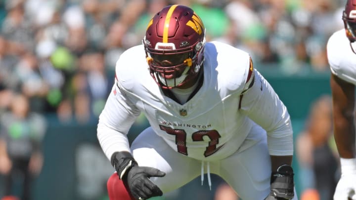 Oct 1, 2023; Philadelphia, Pennsylvania, USA; Washington Commanders offensive tackle Charles Leno Jr. (72) against the Philadelphia Eagles at Lincoln Financial Field. Mandatory Credit: Eric Hartline-USA TODAY Sports