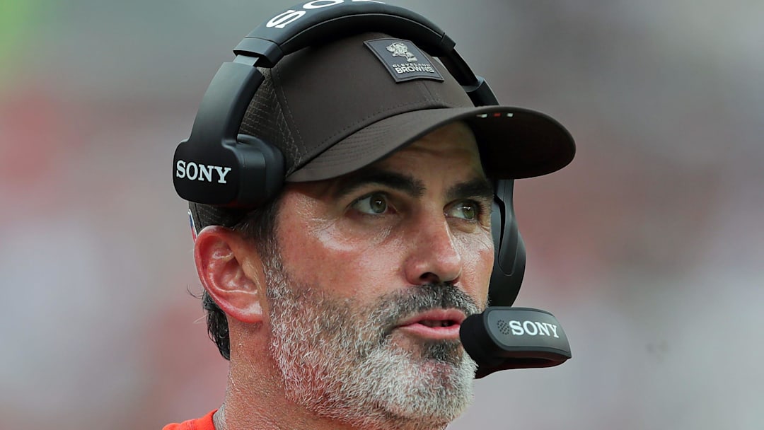Cleveland Browns coach Kevin Stefanski walks the sideline during a game against the Green Bay Packers on Sept. 21, 2025, in Cleveland.