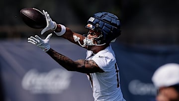 Jul 23, 2025; Englewood, CO, USA; Denver Broncos wide receiver Devaughn Vele (17) during Denver Broncos Training Camp. Mandatory Credit: Isaiah J. Downing-Imagn Images