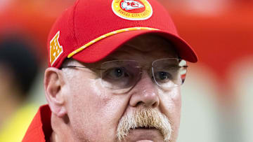 Feb 9, 2025; New Orleans, LA, USA;  Kansas City Chiefs head coach Andy Reid against the Philadelphia Eagles in Super Bowl LIX at Ceasars Superdome. Mandatory Credit: Mark J. Rebilas-Imagn Images