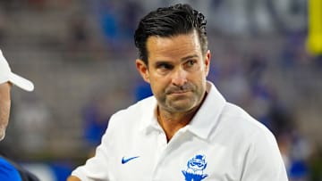 Aug 30, 2024; Durham, North Carolina, USA;  Duke Blue Devils head coach Manny Diaz looks on against the Elon Phoenix during the first half at Wallace Wade Stadium. Mandatory Credit: James Guillory-Imagn Images