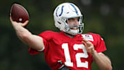 Indianapolis Colts quarterback Andrew Luck (12) during day 4 of the Colts preseason training camp practice at Grand Park in Westfield on Sunday, July 28, 2019.

Colts Preseason Training Camp