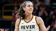 Indiana Fever guard Caitlin Clark (22) questions an official Sunday, May 4, 2025, during a preseason game between the Indiana Fever and the Brazil national team at Carver-Hawkeye Arena in Iowa City.