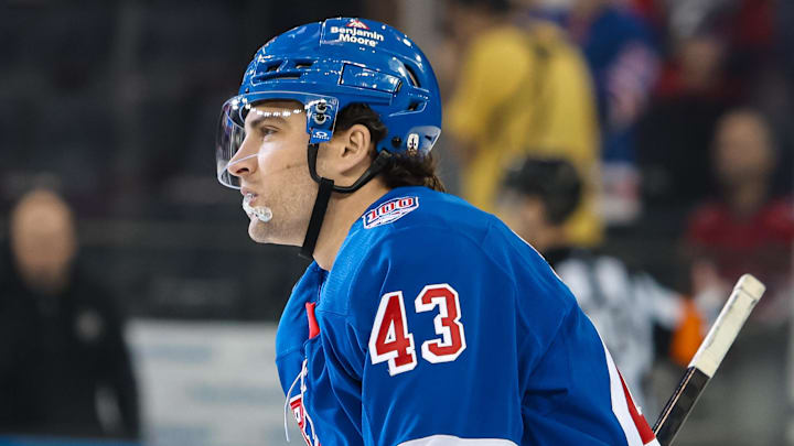 Apr 5, 2026; New York, New York, USA; New York Rangers left wing Conor Sheary (43) celebrates his goal against the Washington Capitals during the first period at Madison Square Garden. 