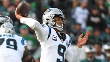 Dec 8, 2024; Philadelphia, Pennsylvania, USA; Carolina Panthers quarterback Bryce Young (9) throws a pass against the Philadelphia Eagles during the first quarter at Lincoln Financial Field. Mandatory Credit: Eric Hartline-Imagn Images