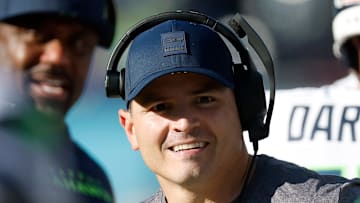 Mike Macdonald of the Seattle Seahawks smiles