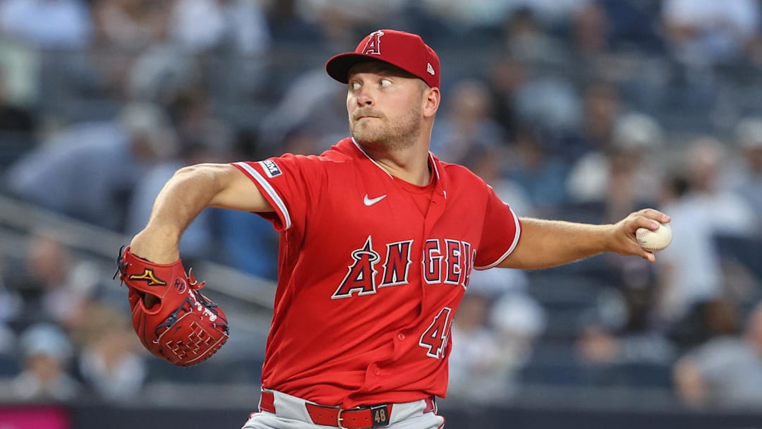 Los Angeles Angels starting pitcher Reid Detmers (48) pitches