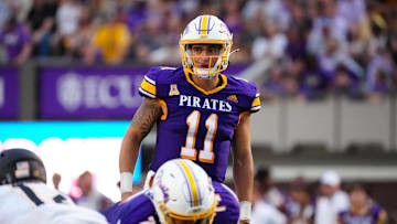 Sep 14, 2024; Greenville, North Carolina, USA;  East Carolina Pirates quarterback Jake Garcia (11) looks on against the East Carolina Pirates during the second half at Dowdy-Ficklen Stadium. Mandatory Credit: James Guillory-Imagn Images