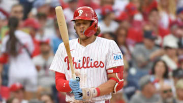 Mar 31, 2025; Philadelphia, Pennsylvania, USA; Philadelphia Phillies third base Alec Bohm (28) uses a torpedo bat during the sixth inning against the Colorado Rockies at Citizens Bank Park.