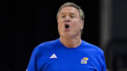 Dec 8, 2024; Columbia, Missouri, USA; Kansas Jayhawks head coach Bill Self calls a play during the first half against the Missouri Tigers at Mizzou Arena. Mandatory Credit: Jay Biggerstaff-Imagn Images