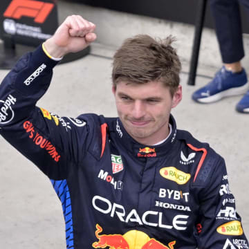 Jun 9, 2024; Montreal, Quebec, CAN;  Red Bull Racing driver Max Verstappen (NED) reacts after winning the Canadian Grand Prix at Circuit Gilles Villeneuve. Mandatory Credit: Eric Bolte-USA TODAY Sports