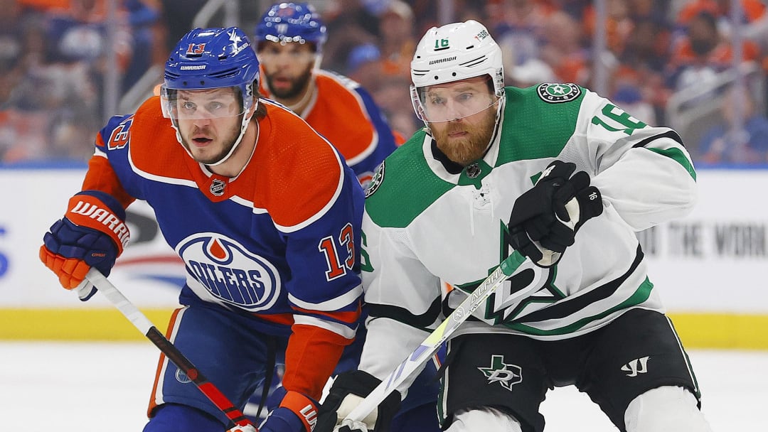 Jun 2, 2024; Edmonton, Alberta, CAN;Edmonton Oilers forward Mattias Janmark (13) and Dallas Stars forward Joe Pavelski (16) battles for position during the first period in game six of the Western Conference Final of the 2024 Stanley Cup Playoffs at Rogers Place. Mandatory Credit: Perry Nelson-USA TODAY Sports