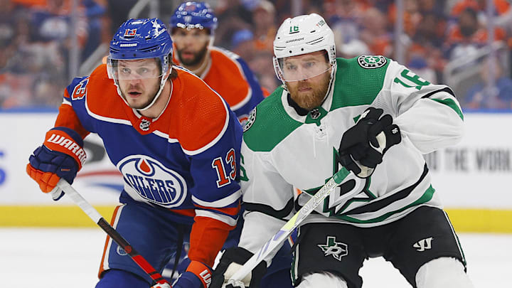 Jun 2, 2024; Edmonton, Alberta, CAN;Edmonton Oilers forward Mattias Janmark (13) and Dallas Stars forward Joe Pavelski (16) battles for position during the first period in game six of the Western Conference Final of the 2024 Stanley Cup Playoffs at Rogers Place. Mandatory Credit: Perry Nelson-USA TODAY Sports