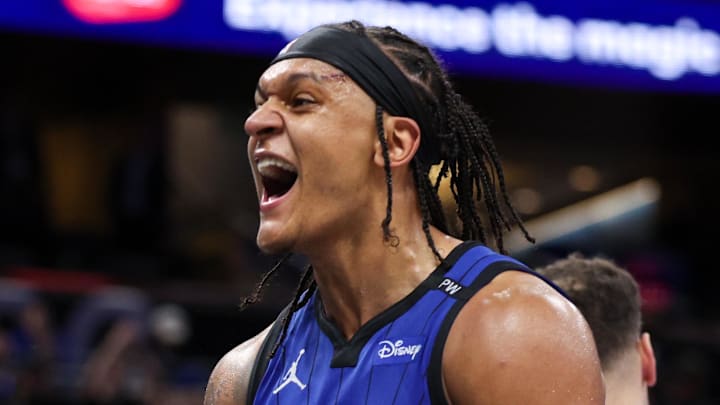 Orlando Magic forward Paolo Banchero reacts to a play. Orlando Magic forward Paolo Banchero reacts to a play.