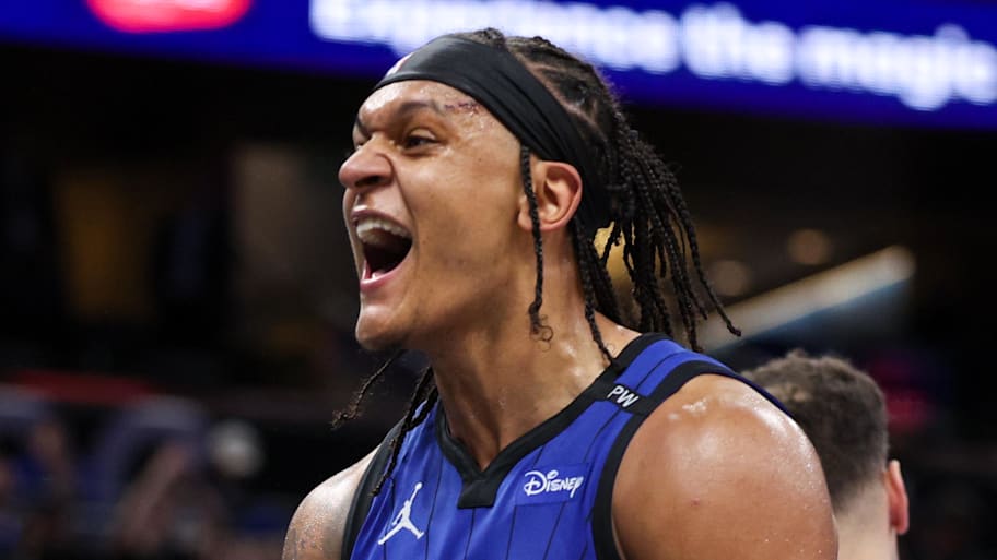 Orlando Magic forward Paolo Banchero reacts to a play. | Nathan Ray Seebeck-Imagn Images