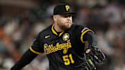 Former Pittsburgh Pirates pitcher David Bednar (51) delivers a pitch against the San Francisco Giants during the ninth inning at Oracle Park. 