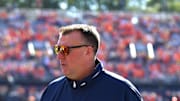 Oct 19, 2024; Champaign, Illinois, USA;  Illinois Fighting Illini head coach Bret Bielema before a game with the Michigan Wolverines at  Memorial Stadium. Mandatory Credit: Ron Johnson-Imagn Images