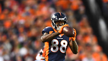 Oct 1, 2018; Denver, CO, USA; Denver Broncos wide receiver Demaryius Thomas (88) pulls in a reception during the first quarter against the against the Kansas City Chiefs at Broncos Stadium at Mile High. Mandatory Credit: Ron Chenoy-Imagn Images
