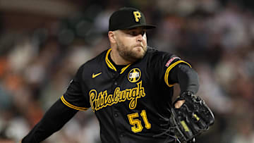 Jul 28, 2025; San Francisco, California, USA; Pittsburgh Pirates pitcher David Bednar (51) delivers a pitch against the San Francisco Giants during the ninth inning at Oracle Park. Mandatory Credit: D. Ross Cameron-Imagn Images