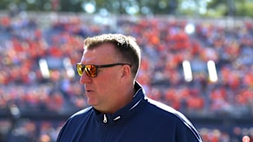 Oct 19, 2024; Champaign, Illinois, USA;  Illinois Fighting Illini head coach Bret Bielema before a game with the Michigan Wolverines at  Memorial Stadium. Mandatory Credit: Ron Johnson-Imagn Images